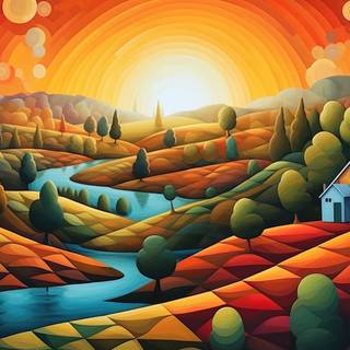 Colorful Cubist Countryside Hills