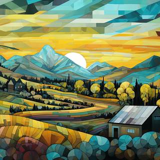 Colorful Cubist Countryside Hills
