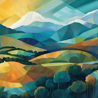 Colorful Cubist Countryside Hills