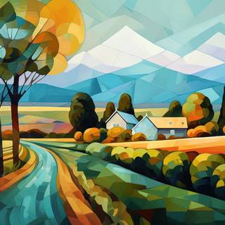 Colorful Cubist Countryside Hills
