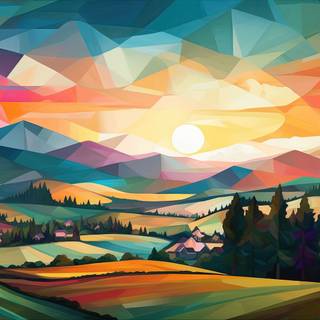 Colorful Cubist Countryside Hills