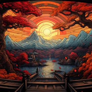 Autumn Mountain and Tree Japanese Art Print