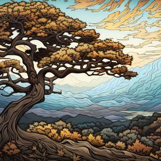 Autumn Mountain and Tree Japanese Art Print