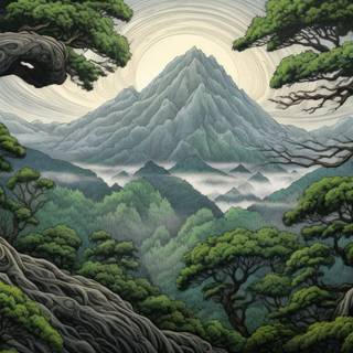 Autumn Mountain and Tree Japanese Art Print