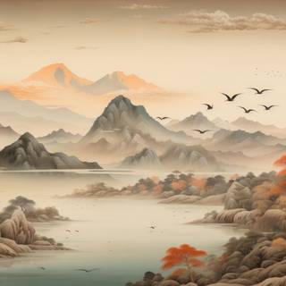 Autumn Mountain and Tree Japanese Art Print