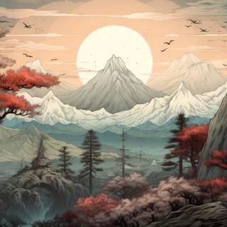 Autumn Mountain and Tree Japanese Art Print