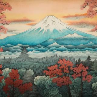 Autumn Mountain and Tree Japanese Art Print