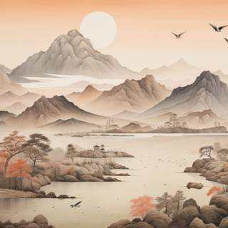 Autumn Mountain and Tree Japanese Art Print