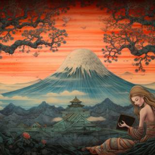 Autumn Mountain and Tree Japanese Art Print