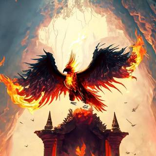 red peonic pheonix over a temple