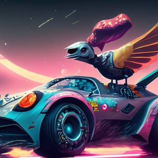 super car standing in a cyberpunk with birds