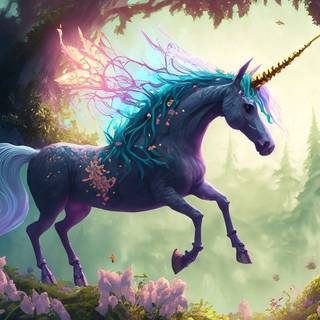 A unicorn flying in a magical grove