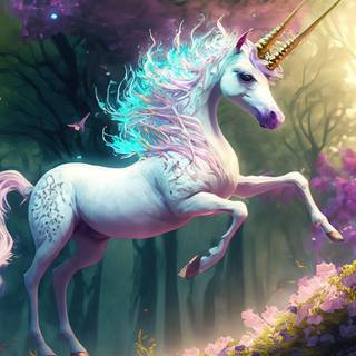 A unicorn flying in a magical grove