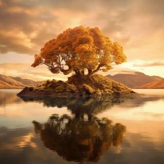 Golden Tree in the Lake