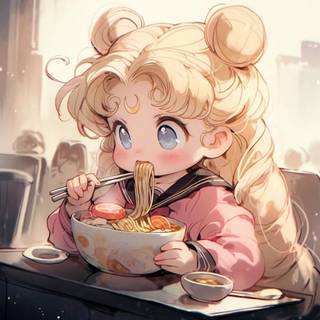 cute anime girl eating noodles