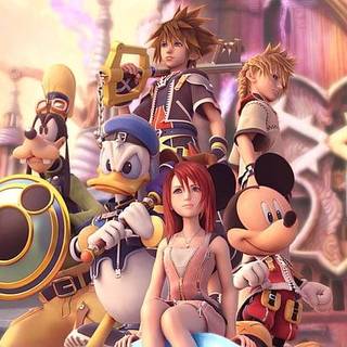 Sora, Kairi, Roxas, Donald Duck, Goofy, and Mickey