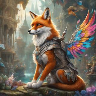 Young Red fox with armor and wings on