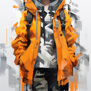 anime character with white hair with orange jacket, in the style of ismail inceoglu, inverted black and white, industrial forms, andrzej sykut