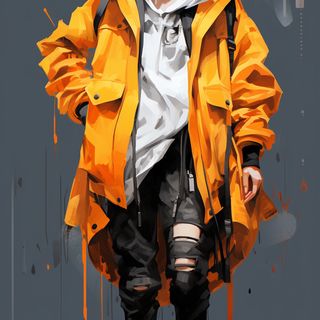anime girl with white hair with orange jacket, in the style of ismail inceoglu
