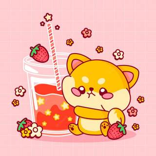 Kawaii Shiba Inu with stawberry boba drink