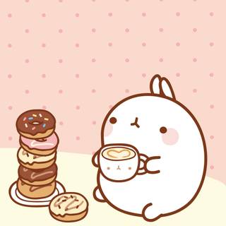 Molang with coffee and donuts