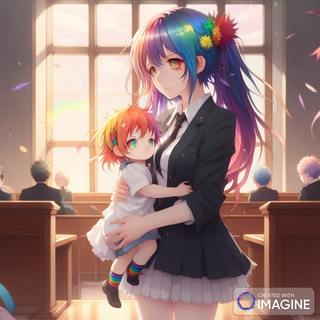 Rainbow Haired Anime Girl In Court With Her Baby