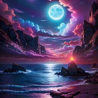 Moonlit Neon Seascape Colorful 4K Art Under the Stars