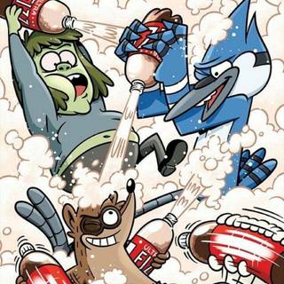 Muscle Man, High Five, Mordecai, and Rigby