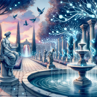  A watercolor depiction of a Renaissance garden at dusk. Marble statues of deities are seen with robotic parts, metallic trees with luminescent leaves, and fountains with glowing water.