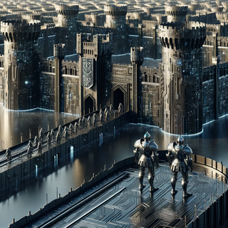  A detailed render of a medieval castle with circuitry walls. The moats are filled with liquid data, drawbridges connect to futuristic transports, and knights with robotic enhancements stand guard