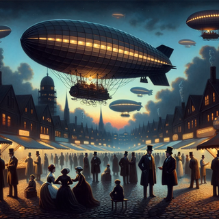 An oil painting of a bustling Victorian market square at twilight with steam-powered stalls and cybernetic components. LED-outlined airships float above while individuals in period attire interact.