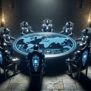  Inside a dim stone hall, knight armors equipped with LED details surround a round table. The table is a touch screen showcasing various maps