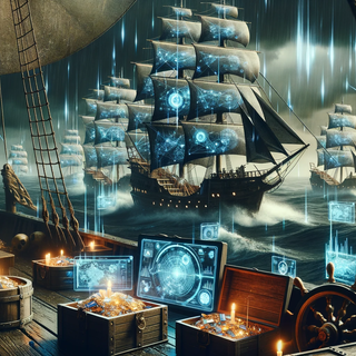 A stormy oceanic scene featuring wooden pirate ships updated with modern technology. Cyber pirates use digital maps, and treasures include both gold and tech components.