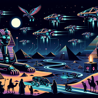 : A night scene of a desert with glowing ancient pyramids. Robotic sphinxes roam the sands, futuristic crafts soar above, and traditional nomads interact with cyborg traders.
