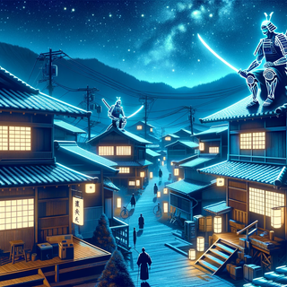  A starlit Japanese village where traditional houses showcase neon signboards. Enhanced samurai warriors are seen on rooftops, their weapons giving off a digital shimmer