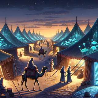  A bustling ancient trade route at twilight. Camel-riding merchants carry not just traditional goods but also modern tech servers. Tents radiate with light from bioluminescent flora and modern screens, signifying a fusion of past and present.