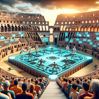 The iconic Roman Colosseum, now a stage for battles between human and robotic gladiators. The arena showcases digital and holographic challenges, and a diverse crowd of spectators, both human and AI, enthusiastically watches the spectacle.