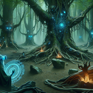  A dense, shadowy forest scene where ancient trees exhibit cybernetic features. Mystical creatures, both organic and mechanical, dwell in the underbrush. At the heart of the forest, a druid with tech-augmented vision performs a ceremony.