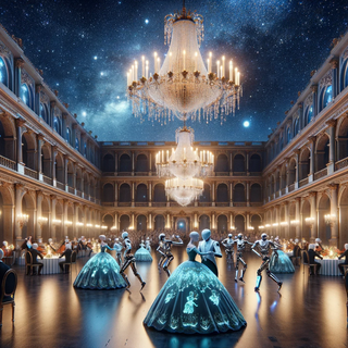 A starlit ballroom in a grand baroque palace. Chandeliers intermingle with holographic lights, and dancers in ornate attire share the floor with android partners. A harmonious orchestra of both humans and robots play in the background.