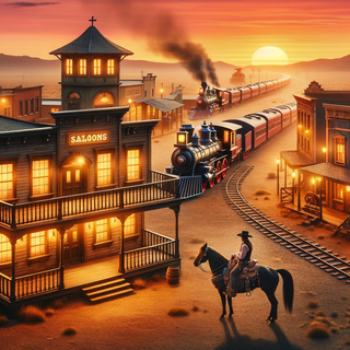 A classic Western town scene at sunset with modern twists. Saloons have neon entrances, cowboys mount mechanical horses, and duels feature futuristic weapons. In the horizon, technologically advanced trains traverse the landscape.