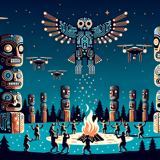 A nocturnal tribal village scene where iconic totem poles are engraved with circuitry designs. The tribespeople, some with biomechanical features, dance around a bonfire while high-tech drones resembling spirit animals hover above.