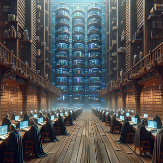  A sprawling ancient library under a night sky. Venerable wooden bookshelves stand alongside digital data towers. Scholars, dressed in traditional robes, study with the aid of both ancient scrolls and modern holographic screens.