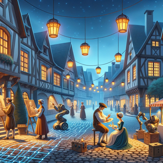 A peaceful European Renaissance village square at dusk. Illuminated cobblestone pathways are lit by floating digital lanterns, while artists in period outfits collaborate with robotic beings on artistic creations.