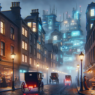  A fog-covered 19th-century London street. Traditional brick abodes and antique gas lamps share the scene with modernized buildings and neon displays. Classic horse carriages travel beside futuristic hover vehicles.