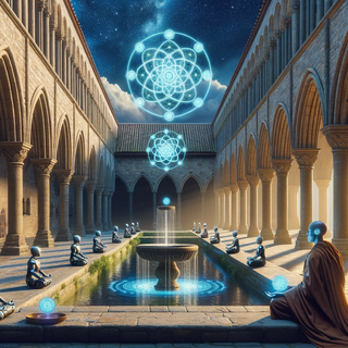 A peaceful medieval cloister courtyard beneath a canopy of stars. Ancient stone structures and fountains blend with digital mandalas, and monks in traditional robes meditate beside android companions.
