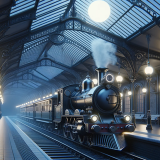 A moonlit old train station with Victorian architectural details. The platform glows with neon lights, and a steam train, enhanced with modern technology, awaits its departure.