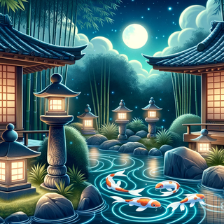 A tranquil ancient Japanese Zen garden during twilight. Traditional stone lanterns and bamboo are complemented by holographic water features and robotic koi fish, creating a peaceful ambiance.
