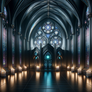  A serene interior of a Gothic cathedral with stained glass windows casting a gentle glow. Traditional architectural elements harmonize with modern robotic designs, illuminated by both candles and LEDs.