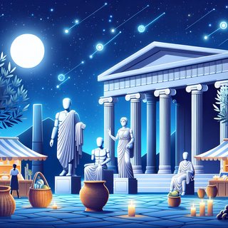  A starlit Grecian agora where classical marble statues coexist with sleek android figures. Vendors with woven baskets stand near others showcasing holographic displays, and bioluminescent olive trees cast a calming illumination