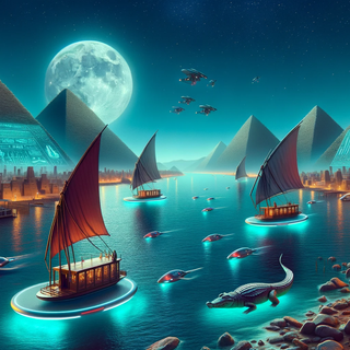 A serene moonlit scene of the Nile River. Traditional wooden feluccas sail beside state-of-the-art hoverboats. The banks showcase ancient pyramids with digital hieroglyphic projections, and robotic crocodiles glide in the waters.